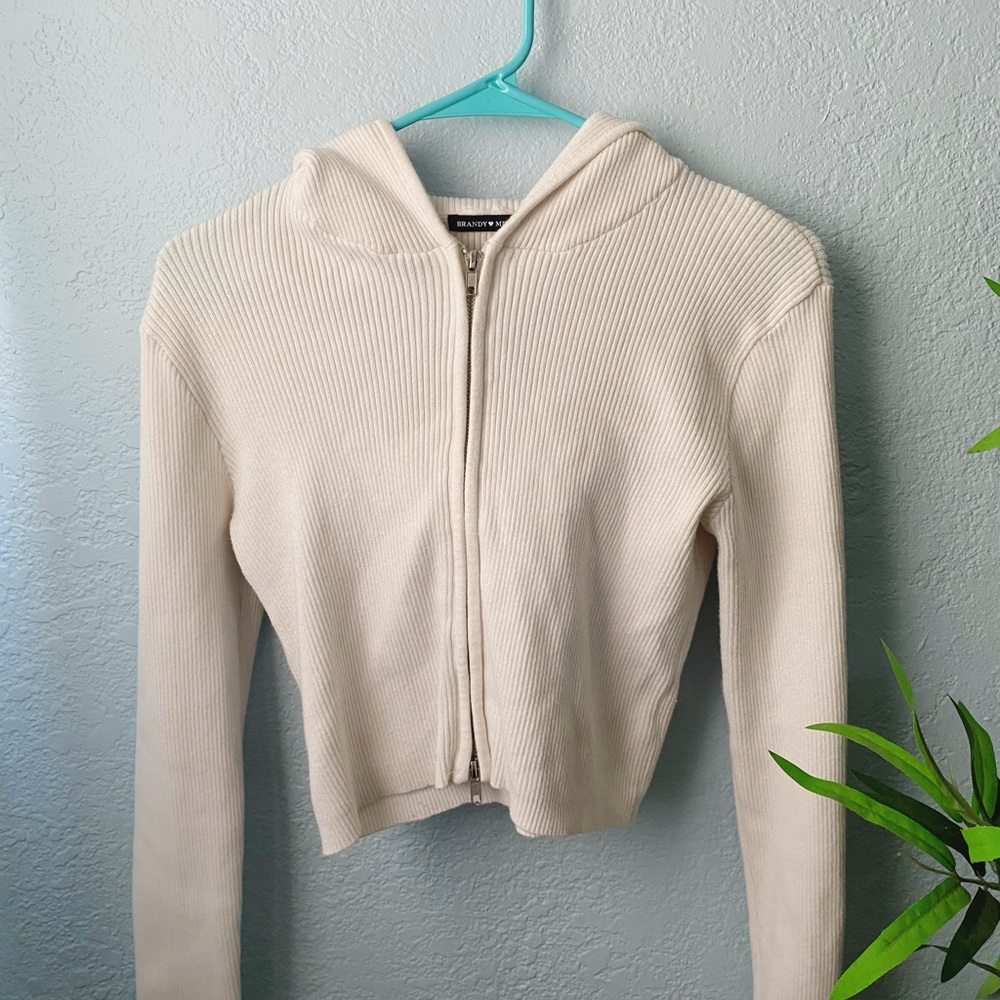 Brandy Melville women’s casual jacket cream zip up cardigan with hood